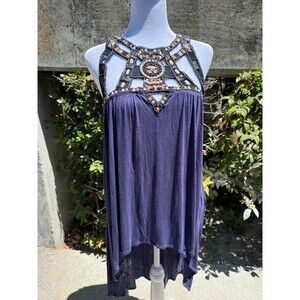 Free People Vision Quest Beaded Embroidered Hi-Low Tunic Top Dusk Purple
